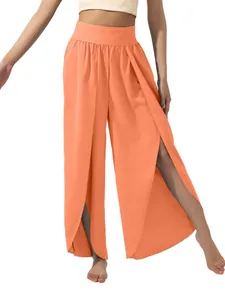 Trendy high-waisted wide-leg trousers with high side slits for yoga or casual summer wear