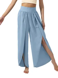 Stylish high waisted wide leg yoga pants with high side slits for casual summer fashion