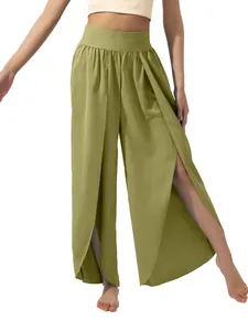 High-waisted wide-leg trousers featuring sexy high slits in a stylish olive green color.