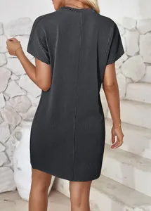 Detailed back view of casual summer dress with vertical wave stripe patterns.