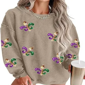 Women's casual round neck sweatshirt with glittery purple and green fleur-de-lis prints