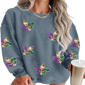 Casual women's grey round neck sweatshirt featuring colorful glitter Fleur-de-lis flower patterns