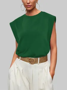 Casual women's dark green cap sleeve top with pleated trousers and braided belt