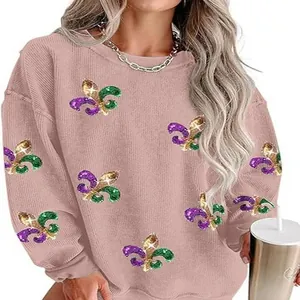 Casual women's pink long sleeve sweatshirt featuring glitter Fleur de Lis patterns