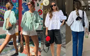 Street style photos of women's sweet tie-front round neck puff sleeve blouse in green and white.