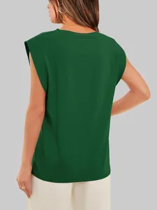 Back view of a dark green cap sleeve t-shirt showing its relaxed fit and soft fabric