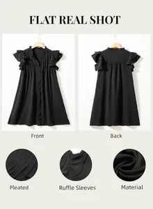 Detailed view of black V-neck ruffle sleeve dress showing pleated front and fabric texture