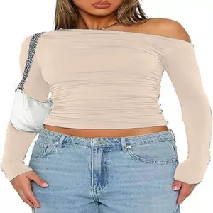 Stylish slim fit beige asymmetrical off-shoulder long sleeve crop top for women fashion