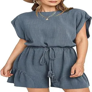 Tuta corta casual da donna in cotone e lino blu con comoda coulisse e nappe in vita