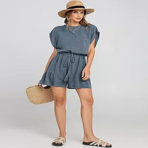 Tutina casual in cotone e lino blu con orlo a balze e coulisse in vita con nappe