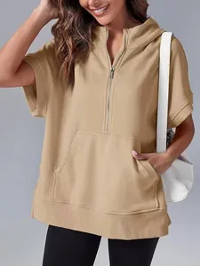 Detail view of khaki casual short sleeve half-zip hooded sweatshirt for women