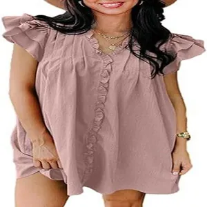 Elegant V-neck ruffle sleeve loose mini dress in dusty pink for 2024 summer fashion