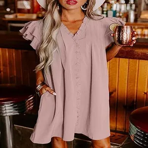 Casual V-neck ruffle sleeve mini dress in mauve pink shown in a lifestyle setting