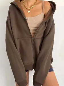 Sudadera con capucha y cremallera marrón de gran tamaño para mujer con bolsillo frontal