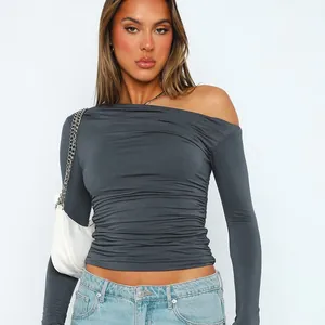 Women Asymmetrical Off Shoulder Ruched Crop Top Sexy Slim Fit Long Sleeve T-Shirt Solid Color Chic Ruched Pullover Top