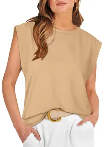 Close-up detail view of a beige women's cap sleeve casual loose basic summer T-shirt