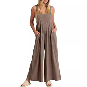 Mono informal holgado de algodón y lino para mujer en color marrón liso