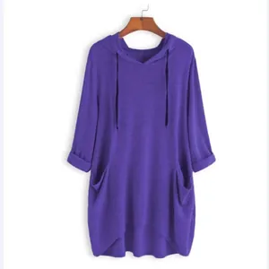 Lässige violette Langarm-Tunika mit Kapuze, asymmetrischem Saum und Vordertaschen