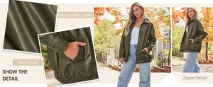Detailed views of fabric, pocket and zipper on women's oversized olive biker jacket