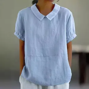 Loose light blue short-sleeved cotton shirt for women with contrast Peter Pan collar