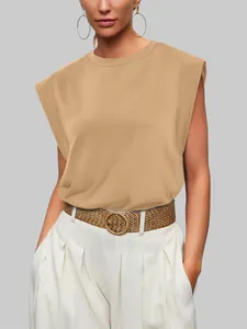 Detailed close-up of a women's khaki cap sleeve muscle tee with a relaxed fit