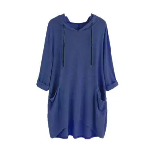 Blauer lockerer Damen-Kapuzen-Tunik mit langen Ärmeln und unregelmäßigem Taschendesign