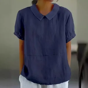 Elegant navy blue short sleeve cotton blouse featuring a loose fit and classic lapel collar