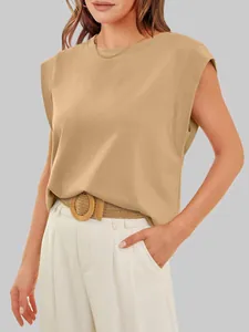 Detailed view of a stylish khaki cap sleeve top with a crew neck and relaxed fit