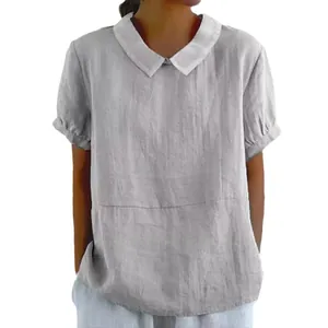 Elegant women's loose-fit cotton linen short sleeve blouse featuring a white Peter Pan collar