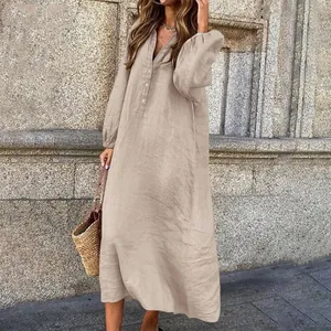 Full view of casual long sleeve V-neck cotton linen maxi dress in a warm beige tone
