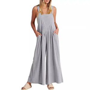 Mono de lino y algodón de color sólido suelto para mujer con diseño de pierna ancha