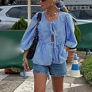 Casual blue and white gingham tie-front blouse with stylish puff sleeves for women