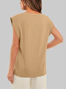 Back view of a casual women's cap sleeve summer tank top t-shirt in a tan beige finish