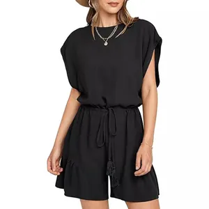 Tutina corta casual da donna in cotone e lino nero con coulisse regolabile in vita