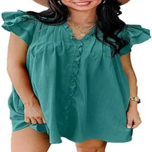Teal summer dress featuring a stylish V-neck design with elegant ruffle sleeve details