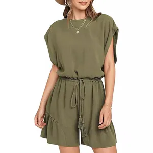 Tutina casual in cotone e lino verde oliva con coulisse in vita per donna in estate