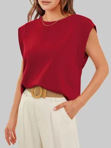 Elegant red cap sleeve top for women featuring a relaxed fit and round neckline