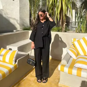 Ensemble Deux Pièces Décontracté en Coton et Lin pour Femmes Chemise à Manches Longues et Pantalon Large Top et Bottom Assortis