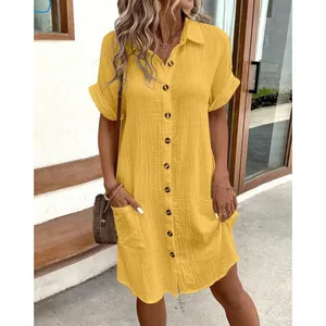 Women's casual yellow button-down cotton linen shirt dress with pockets for summer fashion