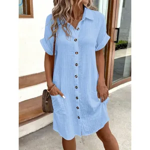 Casual summer light blue cotton linen button-down shirt dress with stylish front pockets