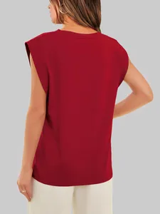 Back view of women's casual cap-sleeve red top showing loose fit and soft fabric.