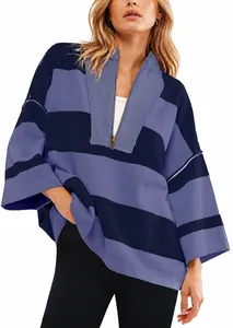 Relaxed oversized women's striped half-zip sweatshirt with a casual V-neck design
