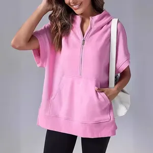 Women's Polyester Short Sleeve Hooded Sweatshirt Half Zip Casual Solid Color Hoodie Pullover Top With Kangaroo Pocket