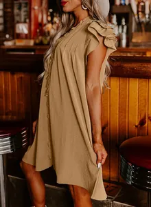 Detail view of a khaki ruffle sleeve V-neck loose fit summer mini dress for women