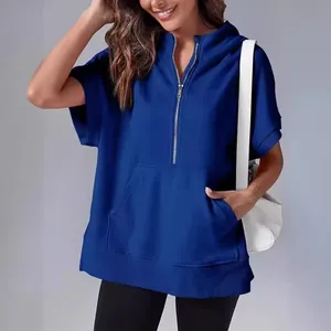 Casual solid blue short-sleeved hooded sweatshirt with zipper and kangaroo pocket