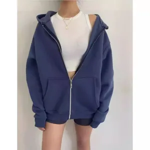 Chaqueta con capucha oversize azul marino para mujer con cremallera y corte holgado