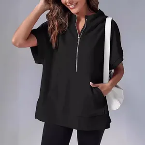 Casual solid black short sleeve hooded sweatshirt with front zipper for women