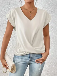 Elegantes weißes T-Shirt mit V-Ausschnitt und Knotendetail für Damen im Sommer-Look