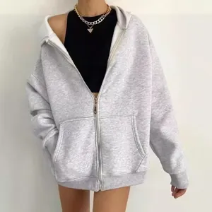 Sudadera gris oversize minimalista con capucha y cremallera para mujer con forro polar