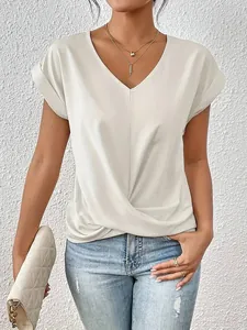 Eleganter weißer Kurzarm-T-Shirt für Damen mit V-Ausschnitt und modischem Twist-Saum-Detail